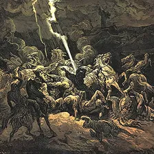 A dark nineteenth-century engraving: fire falls from the sky in a shaft of light while horses rear and figures recoil beneath it.